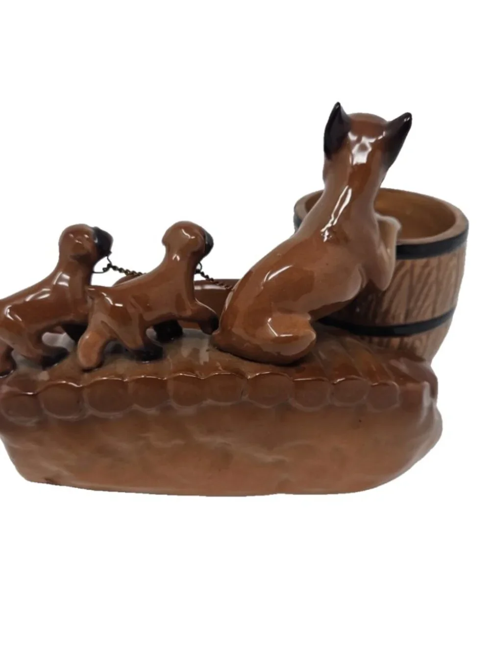 Vintage 1950s Boxer Dog Pups on Chain Figural Barrel Ashtray Bowl Chase Japan